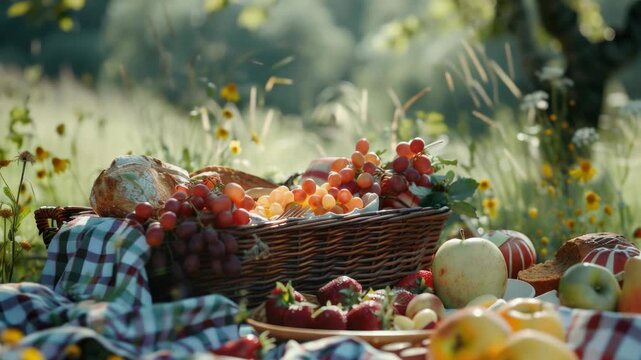 Colorful array of fresh fruits and vegetables in a basket, on top of a checkered picnic blanket. A rustic outdoor setting with plants and flowers in the background.
