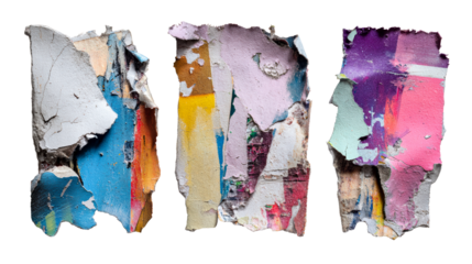 Layered torn paper abstracts with vibrant paint textures and peeling surfaces, perfect for graphic backgrounds and textured collages.