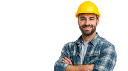 Happy man wearing a yellow hard hat and plaid shirt with arms crossed, representing construction, industry, or safety, suitable for professional use.