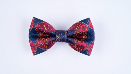 Colorful patterned bow tie with red, blue, and yellow geometric design on white background.