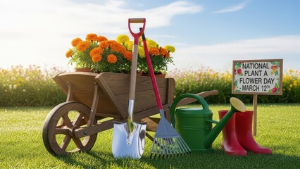 National Plant a Flower Day Concept with Wheelbarrow of Marigolds and Gardening Tools on Sunny Lawn
