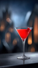 Vibrant red cocktail in a sleek martini glass, garnished with a raspberry, set against a blurred background of elegant bar ambiance, showcasing a sophisticated drink experience