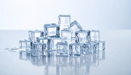Transparent ice cubes stacked on reflective surface with clean gradient background.