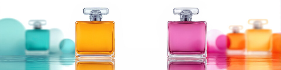 Elegant perfume bottles in vibrant colors with soft bokeh background, showcasing luxury and sophistication in a clean CGI advertising banner design with copy space