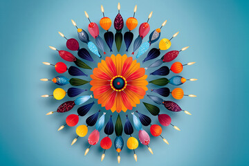 Vibrant circular mandala illustration featuring colorful floral elements and decorative shapes, creating a harmonious and festive atmosphere for creative projects