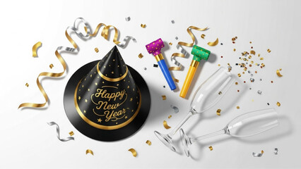 Realistic New Year Party Table Top View with Black and Gold Hat, Noise Makers, Ribbons, Champagne Glasses, and Confetti Vector Illustration