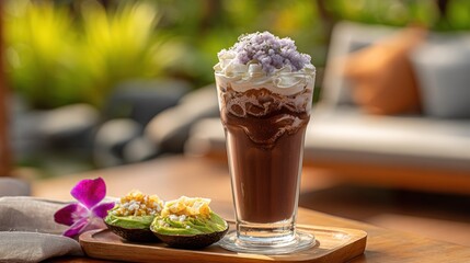 Iced Chocolate Drink with Whipped Cream and Avocado Snacks Outdoors.
