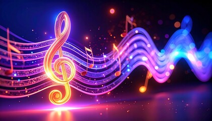 Glowing treble clef with colorful musical notes on dark background, symbolizing vibrant digital sound.