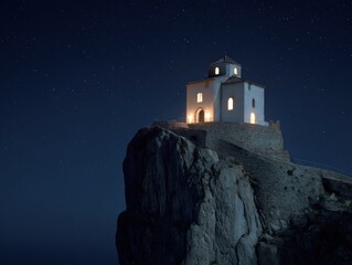 Illuminated White Chapel Perched on Dramatic Cliff at Night.