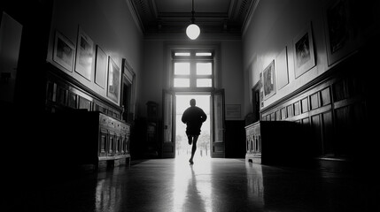 Silhouette runner hallway empty entrance backlit historic dramatic mood in quiet corridor, motion toward bright exit