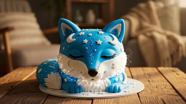 A blue fox cake with closed eyes, stars, and crescent moons
