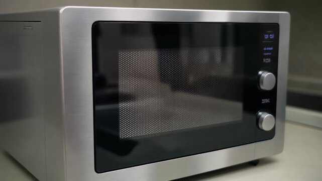Silver microwave with black accents sits on kitchen countertop, turned off, clean modern appliance design.