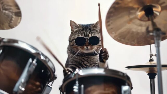A cat in sunglasses sits behind a drum set as if ready to perform
