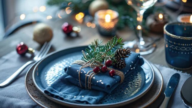 A plate of wrapped sweet treats decorated for Christmas on a table adorned with festive decorations.