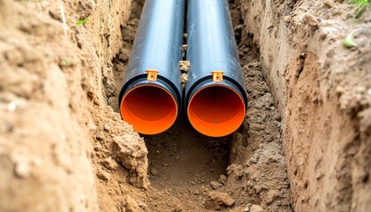 Parallel black-orange pipes laid in deep trench, clean installation for utility infrastructure or civil engineering.