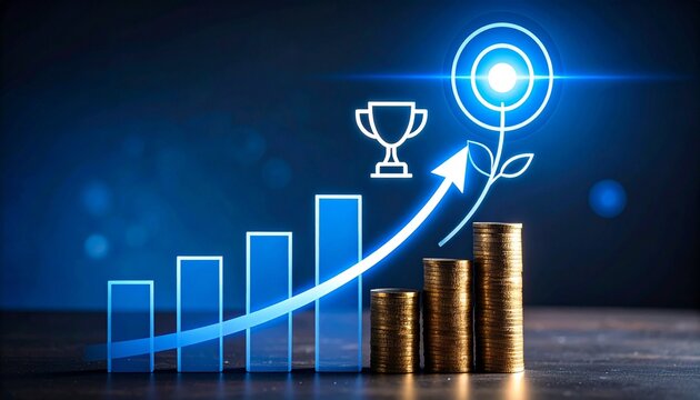 Financial growth concept with rising bars, stacked coins, upward arrow, glowing target, and trophy icon. - Powered by Adobe
