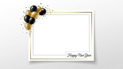 Realistic New Year Photo Frame with Gold Border, Black and Gold Balloons, Confetti, and Happy New Year Text Vector Illustration