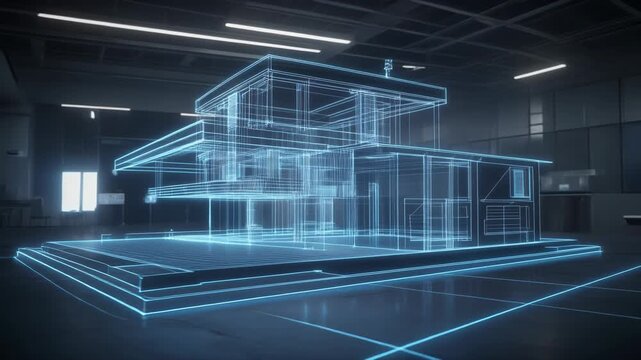 Digital blueprint of a modern house showcasing architectural design and construction visualization