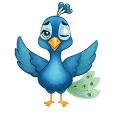 Adorable Blue Peacock Bird with Spread Tail Feathers.