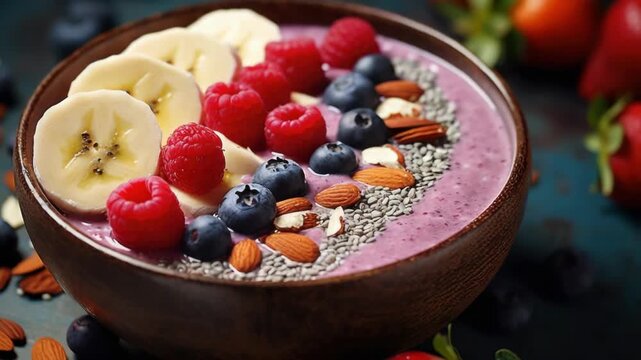A healthy snack or breakfast option. Fruits including banana slices, fresh blueberries, and raspberries are layered on top of a creamy parfait base for added color and texture
