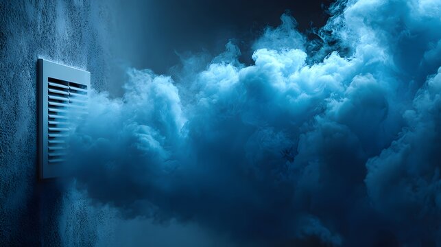 Blue smoke or cool vapor billowing out of a white wall vent against dark blue moody wall background, side view showcasing the airflow pattern.