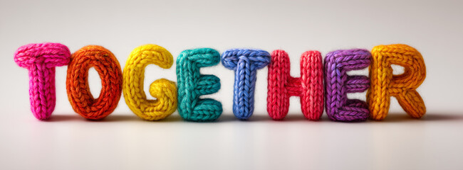 Extreme Close-up. A Conceptual Hyper-Realistic Image of the Word &ldquo;TOGETHER&rdquo; Knitted in Rainbow Yarn on White Background with Copy Space. To Express Unity, Inclusion and Shared Humanity. Generative Ai.