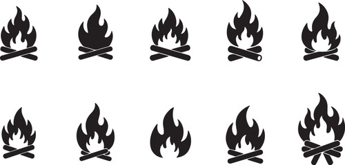 Set of Black Campfire Icons. Bonfire Flame and Log Vector Illustration Collection.