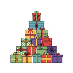 A tall stack of colorful wrapped gifts arranged in a festive pyramid