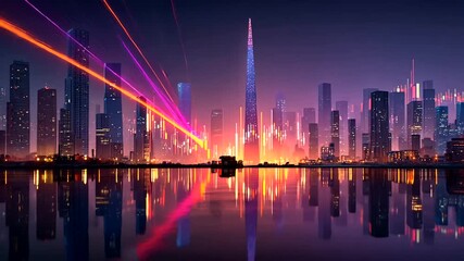 Futuristic city skyline at sunset with colorful lights reflecting on calm water surface