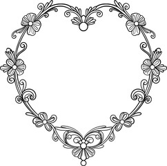 vintage heart-shaped frame with floral ornament outline vector illustration