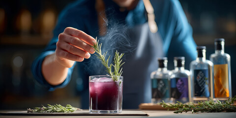 Bartender skillfully garnishing a vibrant cocktail with fresh rosemary, showcasing a stylish bar environment and elegant glassware, perfect for advertising and promotional use