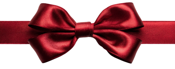 Glossy red satin ribbon knot with horizontal strip on clear transparent background for Valentine day gift wrapping and birthday promotion headers
