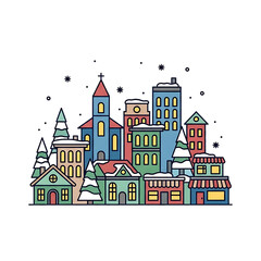 Fototapeta premium A colorful winter cityscape with decorated buildings under snowfall.