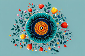 Circular mandala creative vector illustration featuring vibrant flowers and intricate patterns, showcasing a harmonious blend of colors and shapes for artistic expression
