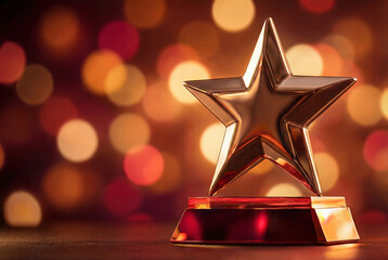 Golden star trophy standing on table with bokeh lights