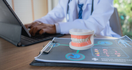 Dentist examining patient’s teeth, explaining oral health issues, reviewing x-rays, planning treatment, providing friendly dental care, diagnosis, orthodontic assessment, therapy.