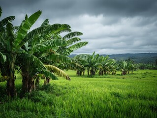 Lush Banana Plantation in Green Field Under Cloudy Sky.