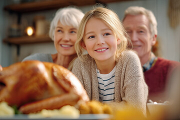 Young girl smiling joyfully at a festive family gathering, with a beautifully roasted turkey centerpiece, creating a warm and inviting holiday atmosphere