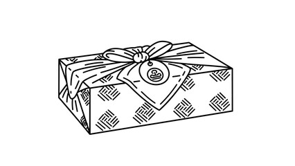 A black and white line art illustration of a rectangular gift box wrapped in patterned paper and tied with a decorative bow and tag.