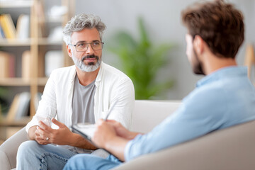 Mature man with gray hair and glasses engaged in a thoughtful conversation with a younger man in a modern, cozy living room setting, showcasing emotional connection and dialogue