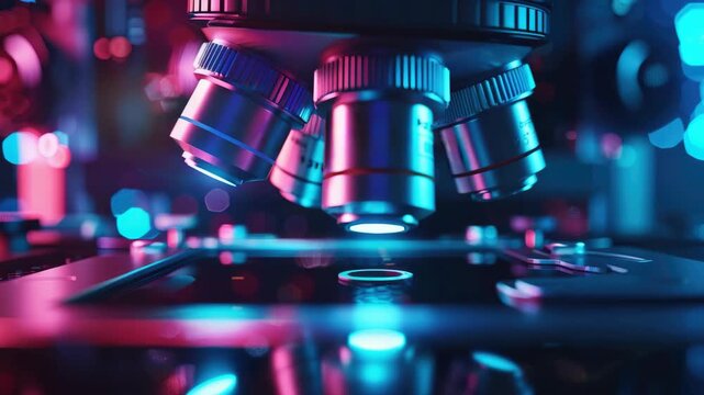 A close-up view of a microscope with vibrant colors in the illuminated sample.