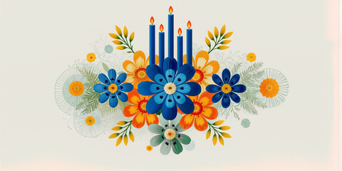 Flat geometric illustration of a vibrant floral arrangement featuring blue and orange flowers with candles, creating a festive ambiance for celebrations and special occasions