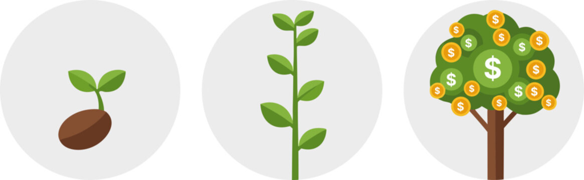 A set of three business growth icons: from a sprout to a money tree. The concept of accelerated financial growth and investment automation using AI/neural networks.