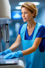 Female healthcare professional in blue scrubs and apron, focused on operating medical equipment, showcasing dedication and precision in a clinical environment with advanced technology