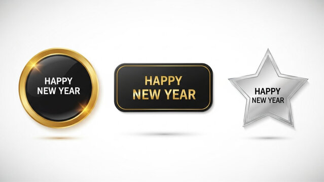 Set of 3 Realistic New Year Badges in Gold, Black, and Silver with Happy New Year Text Vector Illustration