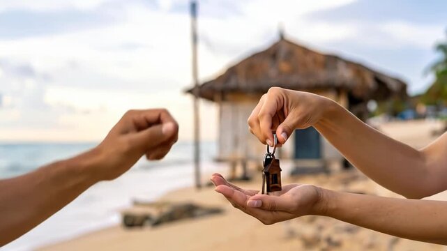 real estate agent giving the keys of a brand new house to the buyer client and customer