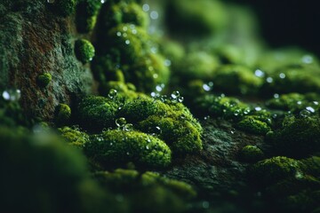 Lush Green Moss on Tree Bark with Dew Drops.