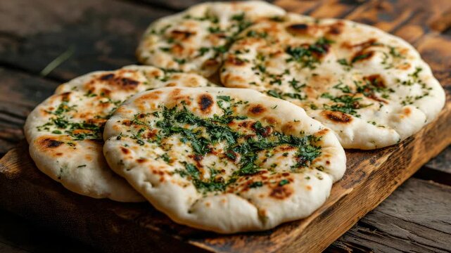 A stack of six golden-brown pita breads seasoned with fresh herbs and spices, ready to be served.