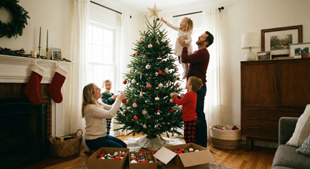 Happy family decorating their Christmas tree in a bright living room