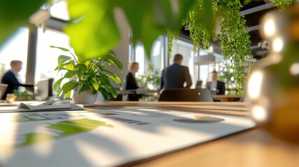 A diverse team of executives reviews policy compliance metrics and sustainability risk exposure scores in a modern office setting